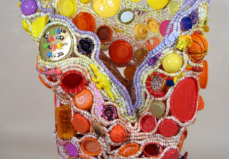 commissioned vessel with basketry techniques, recycled plastic bags and objects