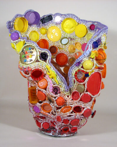 commissioned vessel with basketry techniques, recycled plastic bags and objects