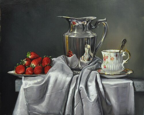 still life oil painting with strawberries and pitcher of cream