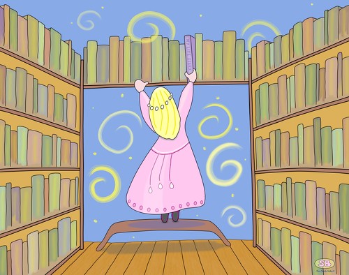 Whimsical illustration of a girl in a room
