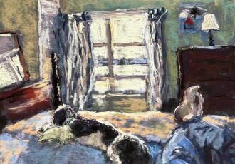 sun drenched bedroom scene in pastel