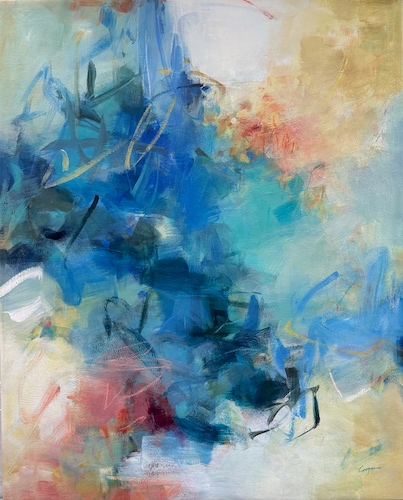 floral abstract painting in blues