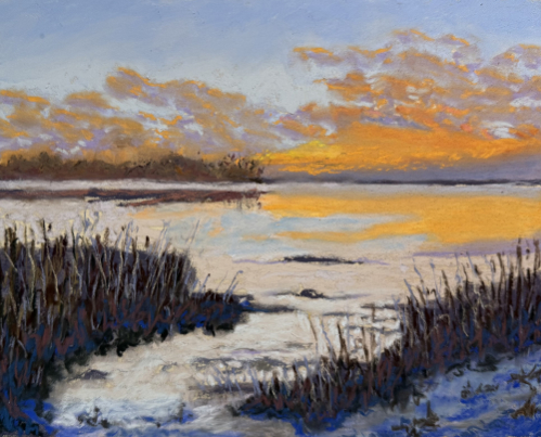 pastel landscape painting of a marsh at sunset