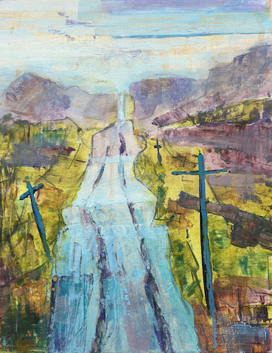 painting of a road leading into the mist