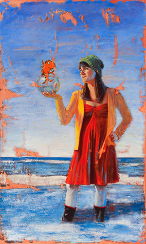 Figurative painting of a young woman with a cartoon fish