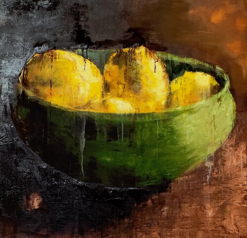 ethereal painting of a still life bowl of lemons