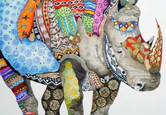 whimsical watercolor and ink painting of a rhinoceros