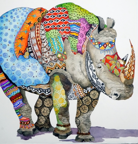 whimsical watercolor and ink painting of a rhinoceros