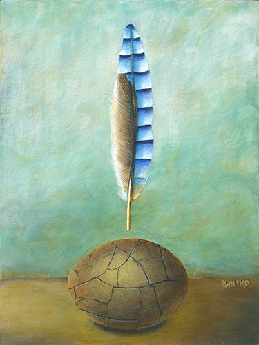 whimsical painting of a feather and egg