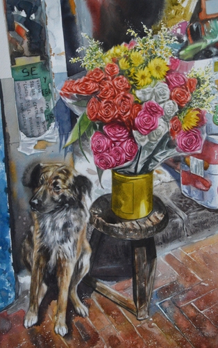 watercolor of a flower seller stall and a dog