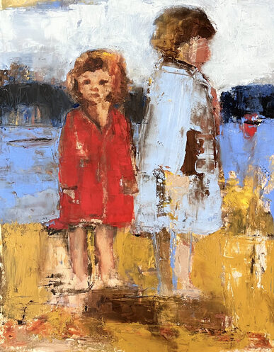 folk art painting of children at the river