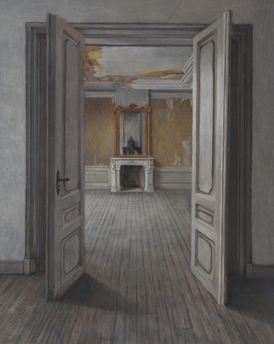 pastel drawing of an abandoned building