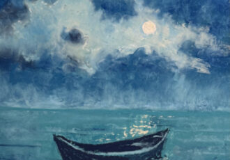 pastel painting of a ship in the water on a moonlit night