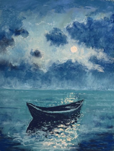 pastel painting of a ship in the water on a moonlit night