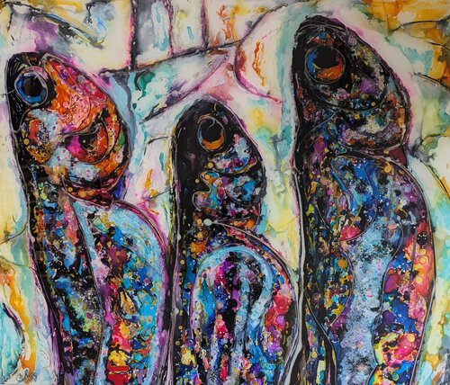 painting of a group of colorful trout