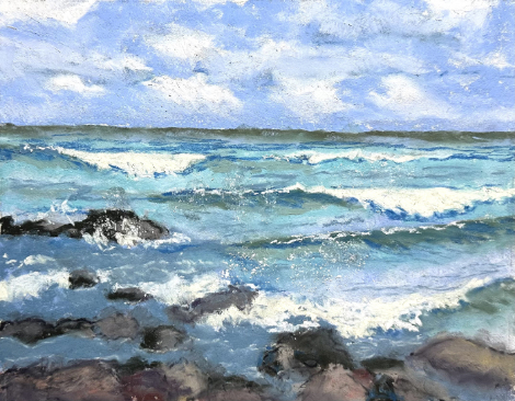 pastel landscape painting of a beachfront