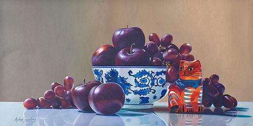 "The Cat's Meow" Colored Pencil, 26" x 13" by artist Arlene Steinberg. See her portfolio by visiting www.ArtsyShark.com