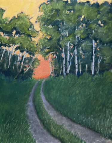 pastel painting of a path through the woods