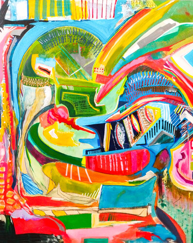 vibrantly colorful abstract mixed media painting