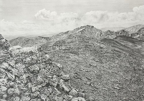pencil drawing of a mountaintop landscape