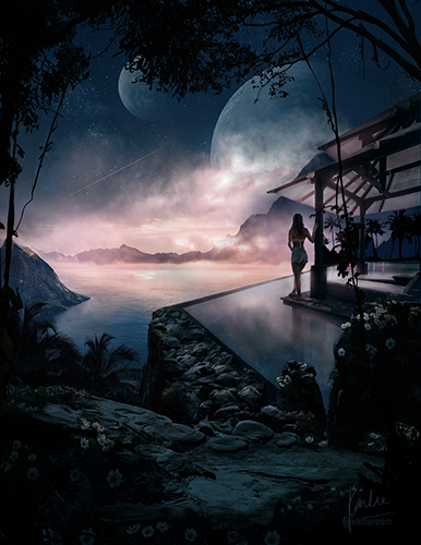 sci-fi digital illustration of a luxury villa on another planet