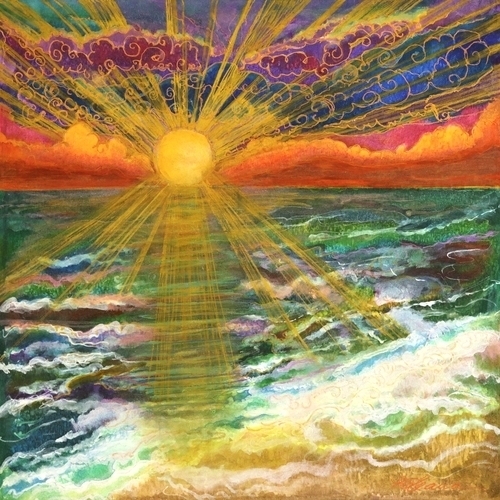 silk painting beach scene with bold sunset