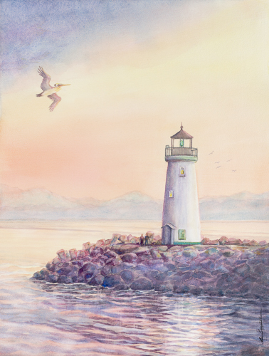 watercolor painting of a lighthouse and bird