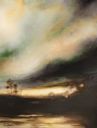 dark and foreboding landscape scene painted in watercolor