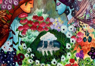 whimsical angel painting with garden scene