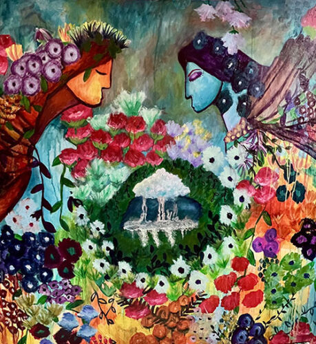 whimsical angel painting with garden scene