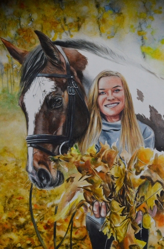 Watercolor painting of a young woman and horse