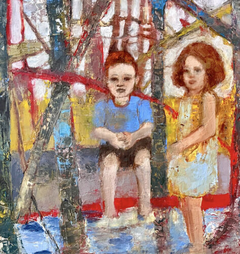 primitive folk art painting of barefoot children