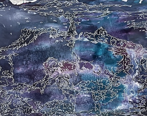 abstract mixed media painting in deep blues and purples