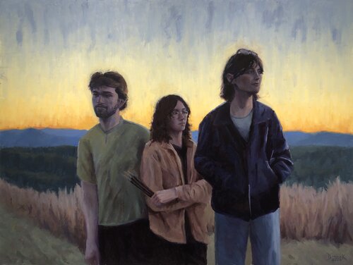 oil painting softly lit scene of group of young people