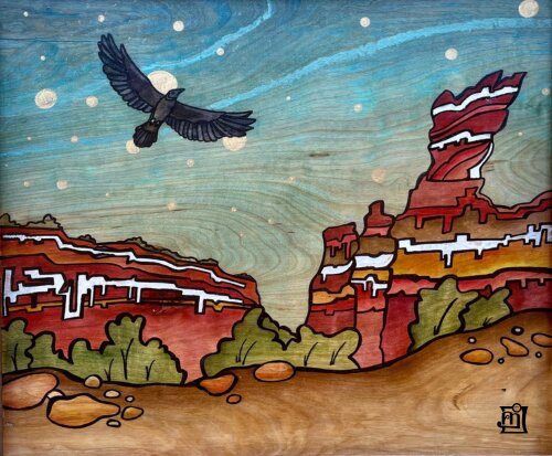 western landscape in wood batik by Amber Word