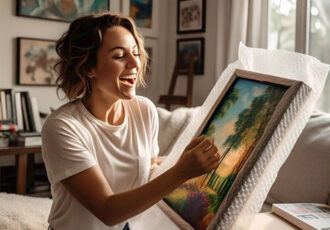 Young woman unpacking a work of art