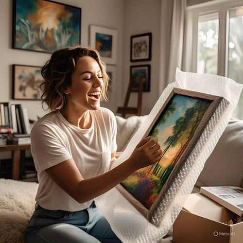 Young woman unpacking a work of art