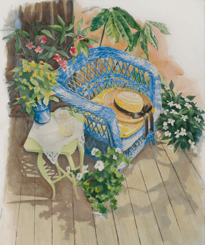 watercolor painting of a setting with blue wicker chair