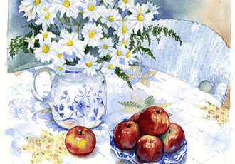 watercolor painting of a vase of daisies and apples still life